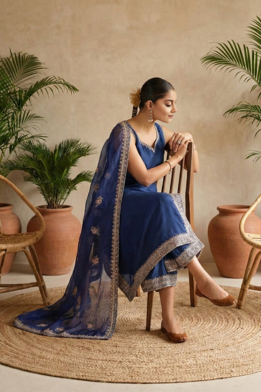 Close-up of embroidery details on the border of pants and kameez