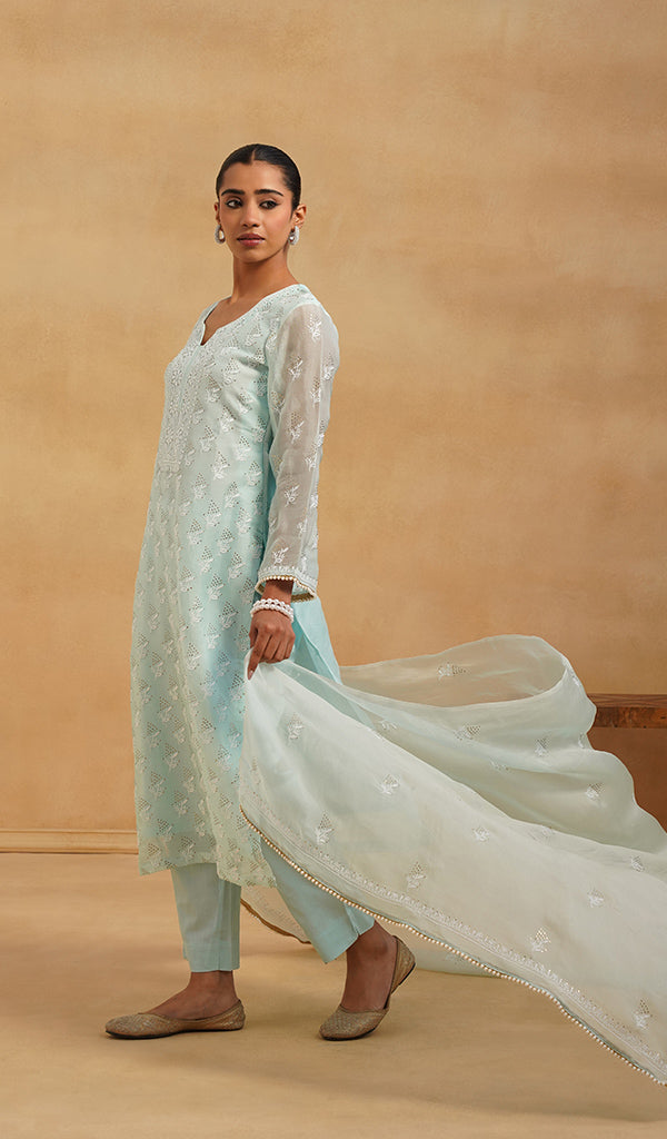 Women's Lucknowi Handcrafted Pure Organza Silk Stitched Chikankari Kurta, Dupatta With Pant Set