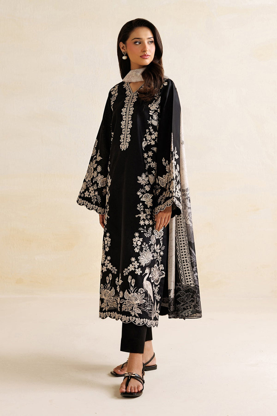 Black Embroidered Lawn Suit with Silk Dupatta