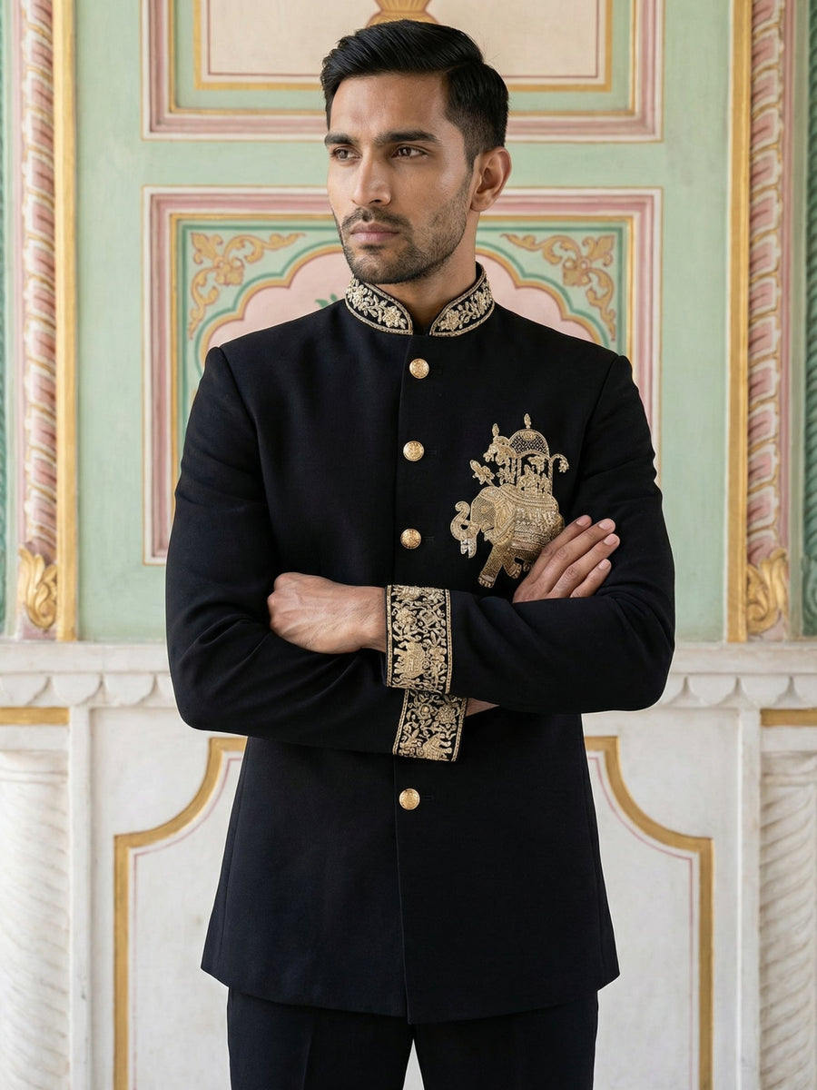 Japanese Embroidered Indo-Western Set ( 50JIND 156Black S )