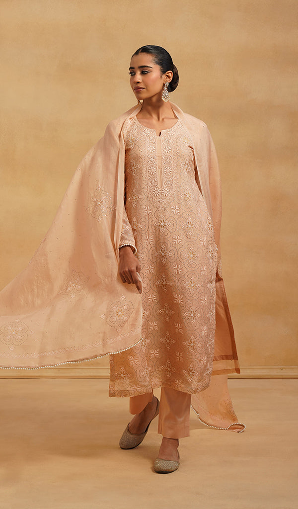 Women's Lucknowi Handcrafted Pure Organza Silk Stitched Chikankari Kurta, Dupatta With Pant Set- HONC054558