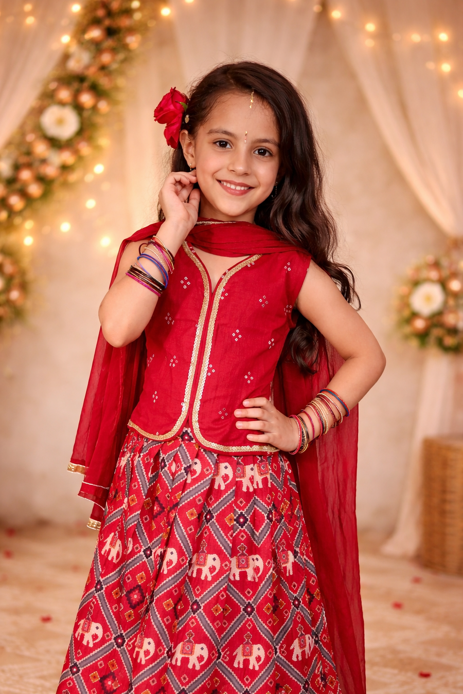 Girls Maroon Patola Print Lehenga Set with Dupatta (3 Piece)
