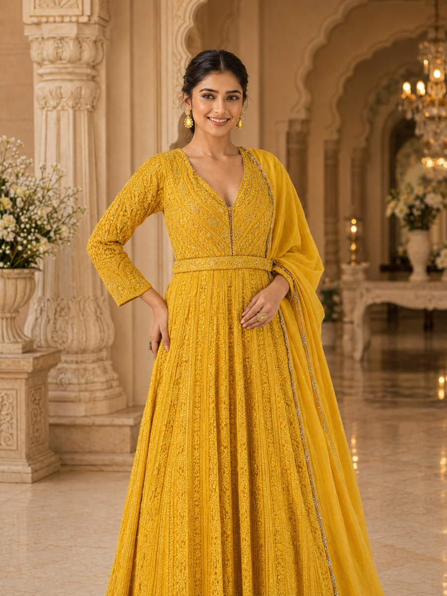 Golden Mustard Chikankari Anarkali Suit in Premium Real Georgette