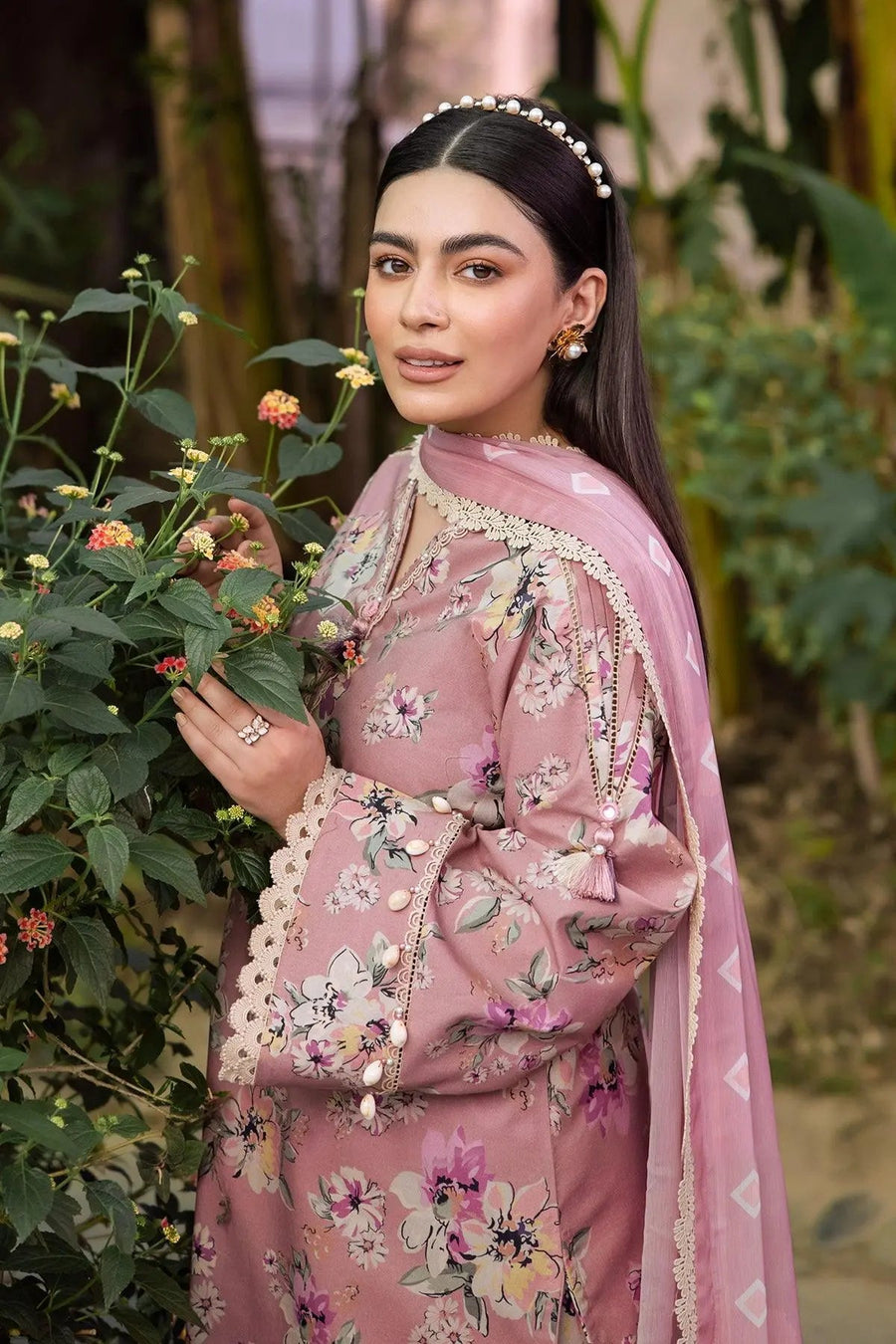 Dusty Pink Floral Printed Lawn Suit with Chiffon Dupatta