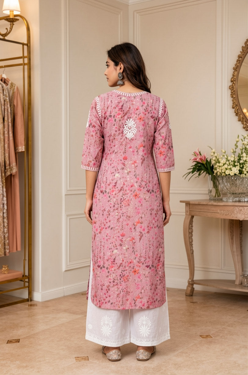 Old Rose Cotton Chikankari Kurta Set with White Palazzo