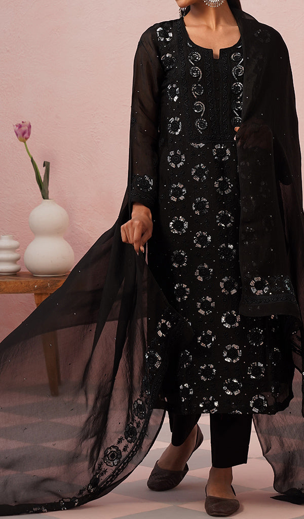 Women's Lucknowi Handcrafted Pure Organza Silk Stitched Chikankari Kurta, Dupatta With Pant Set