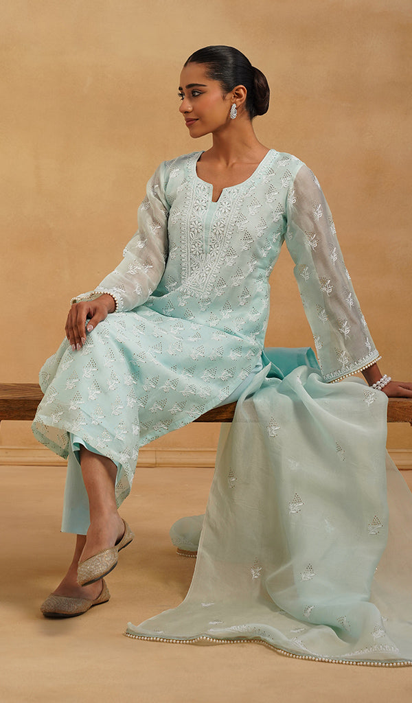 Women's Lucknowi Handcrafted Pure Organza Silk Stitched Chikankari Kurta, Dupatta With Pant Set