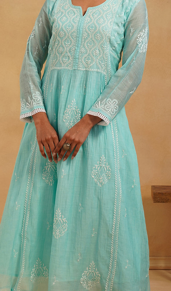 Women's Lakhnavi Handcrafted Mul Chanderi Chikankari Stitched Kurta, Dupatta And Pant Set - HONC0824547 - Pehnaawaa