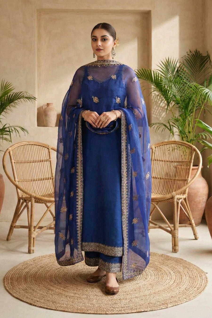 Close-up of detailed embroidery on blue suit pants and hem