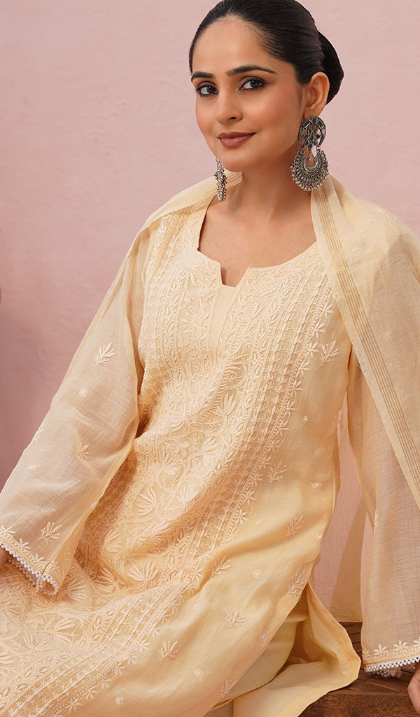 Women's Lakhnavi Handcrafted Mul Chanderi Chikankari Stitched Kurta, Dupatta And Pant Set - HONC0457995