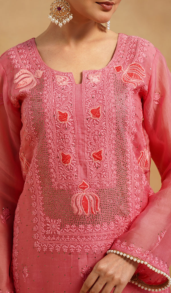 Women's Lucknowi Handcrafted Pure Organza Silk Stitched Chikankari Kurta, Dupatta With Pant Set