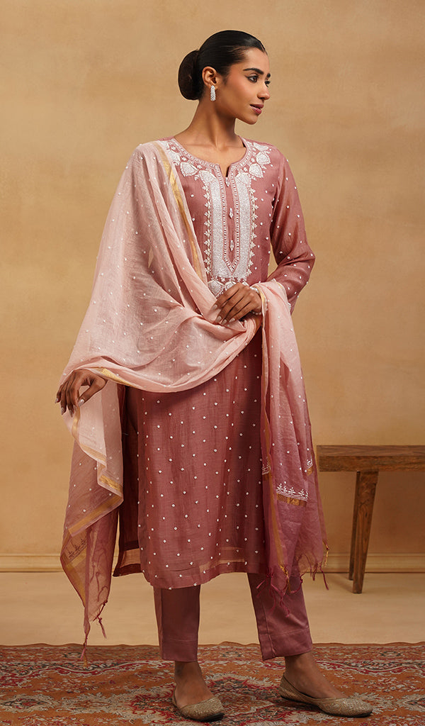 Jazba Women's Lakhnavi Handcrafted Mul Chanderi Chikankari Stitched Kurta, Dupatta And Pant Set