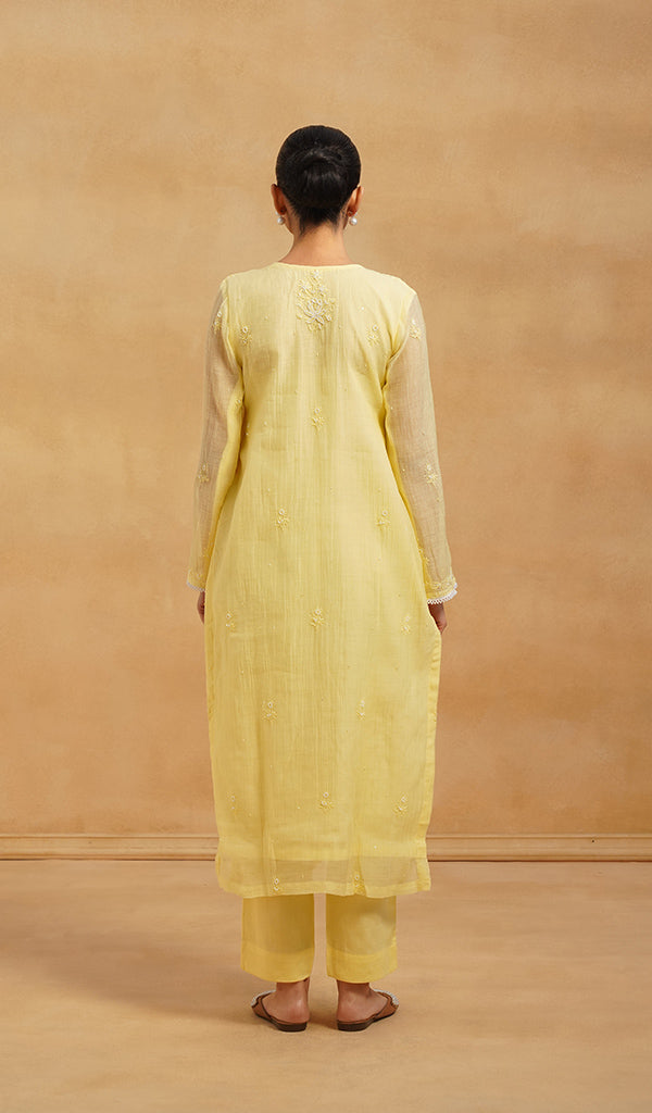 Saziya Women's Lakhnavi Handcrafted Mul Chanderi Chikankari Stitched Kurta, Dupatta And Pant Set