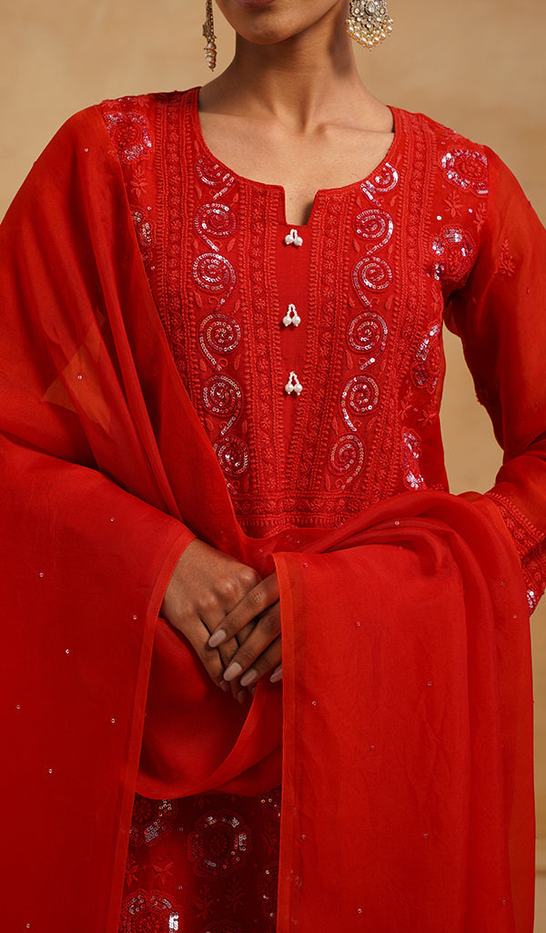 Women's Lucknowi Handcrafted Pure Organza Silk Stitched Chikankari Kurta, Dupatta With Pant Set