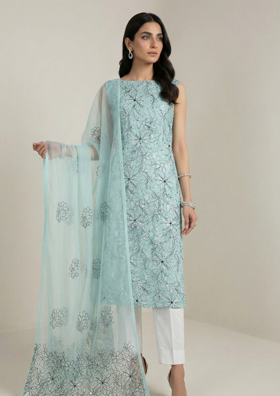Sea Green Chikankari & Mukesh Work Net Suit with Dupatta