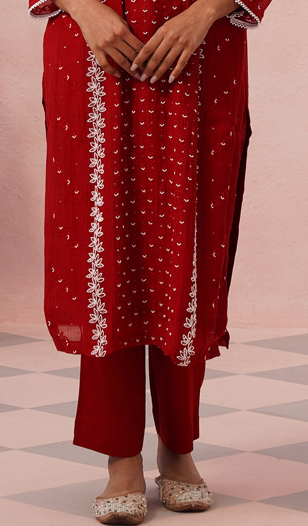 Saziya Women's Lakhnavi Handcrafted Mul Chanderi Chikankari Stitched Kurta, Dupatta And Pant Set