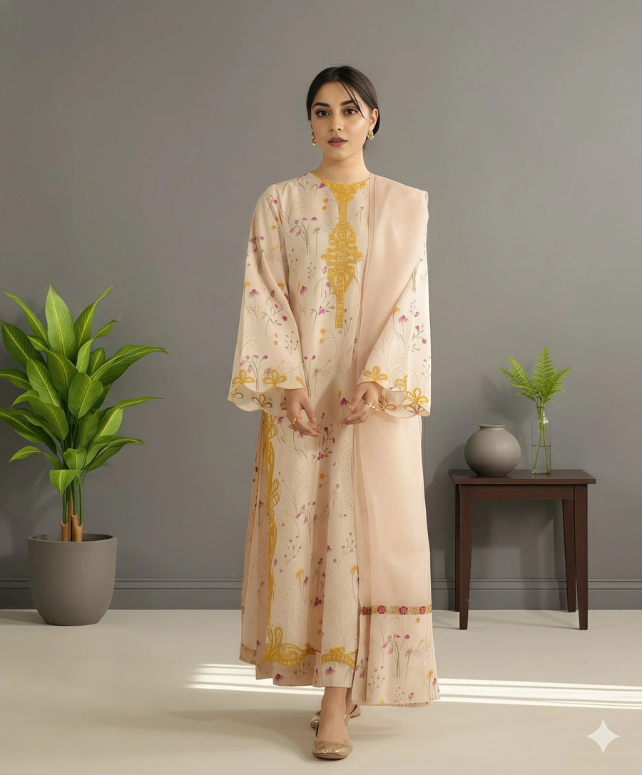 Golden Flora 3-Piece Stitched Suit Khaddar