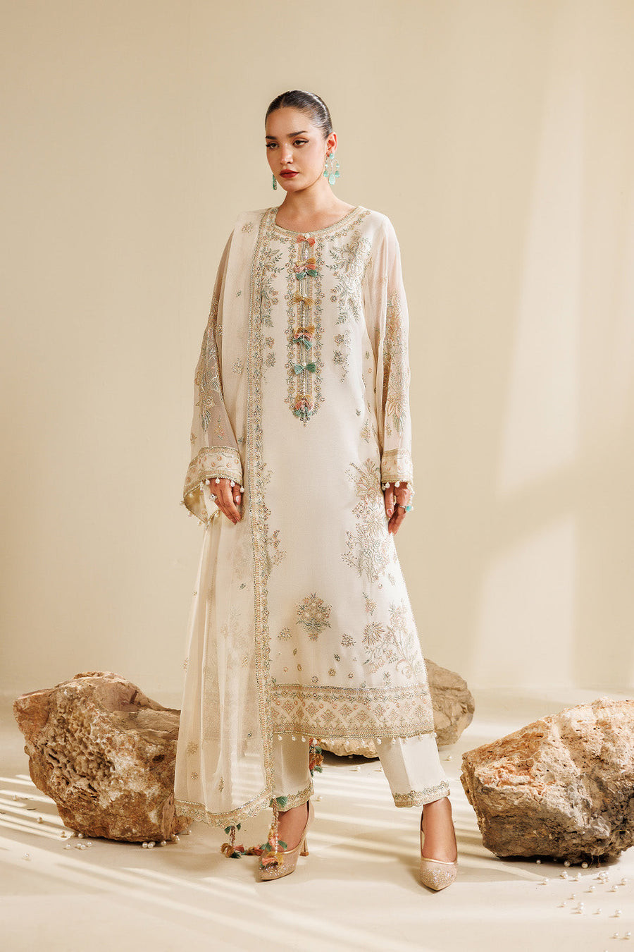 Cloud Embroidered Chiffon 3-Piece Formal Suit