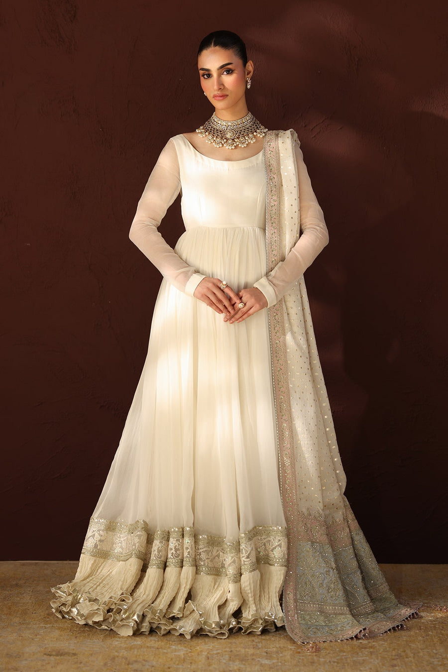 Embroidered Chiffon Frock 3-Piece Formal Suit with Zari Dupatta