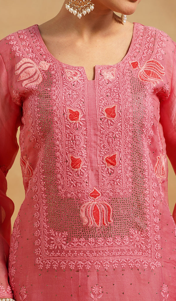 Women's Lucknowi Handcrafted Pure Organza Silk Stitched Chikankari Kurta, Dupatta With Pant Set