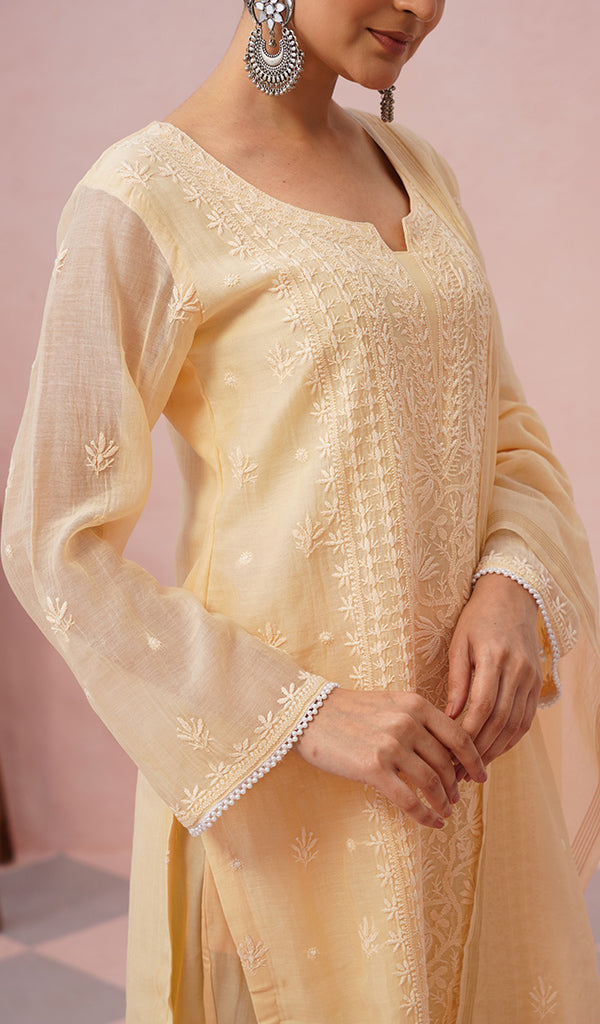 Women's Lakhnavi Handcrafted Mul Chanderi Chikankari Stitched Kurta, Dupatta And Pant Set - HONC0457995