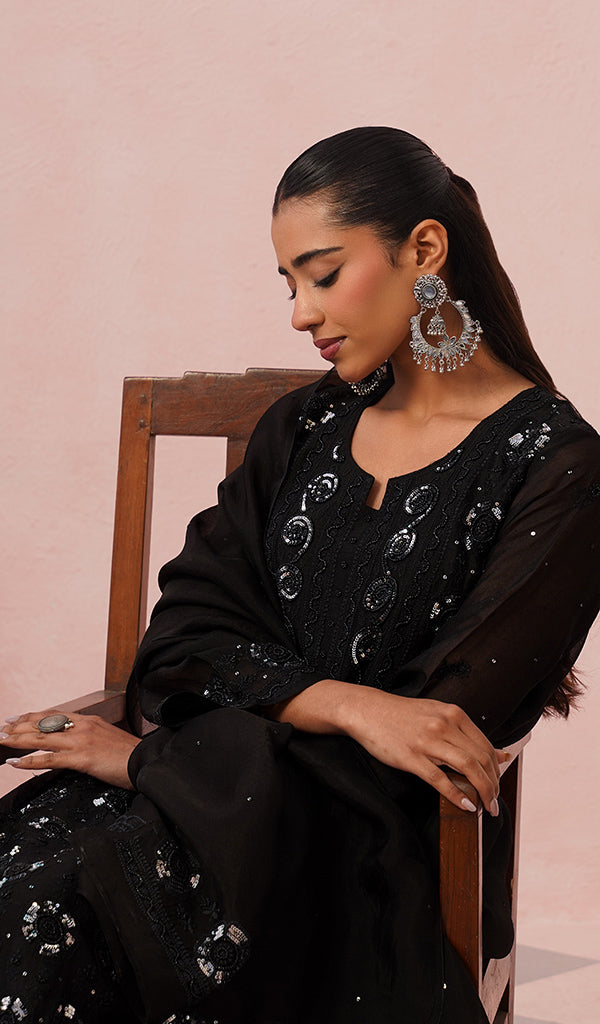 Women's Lucknowi Handcrafted Pure Organza Silk Stitched Chikankari Kurta, Dupatta With Pant Set