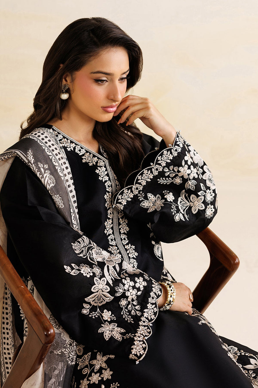 Black Embroidered Lawn Suit with Silk Dupatta