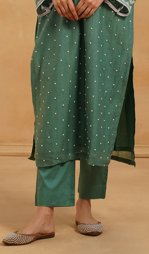 Women's Lakhnavi Handcrafted Mul Chanderi Chikankari Stitched Kurta, Dupatta And Pant Set