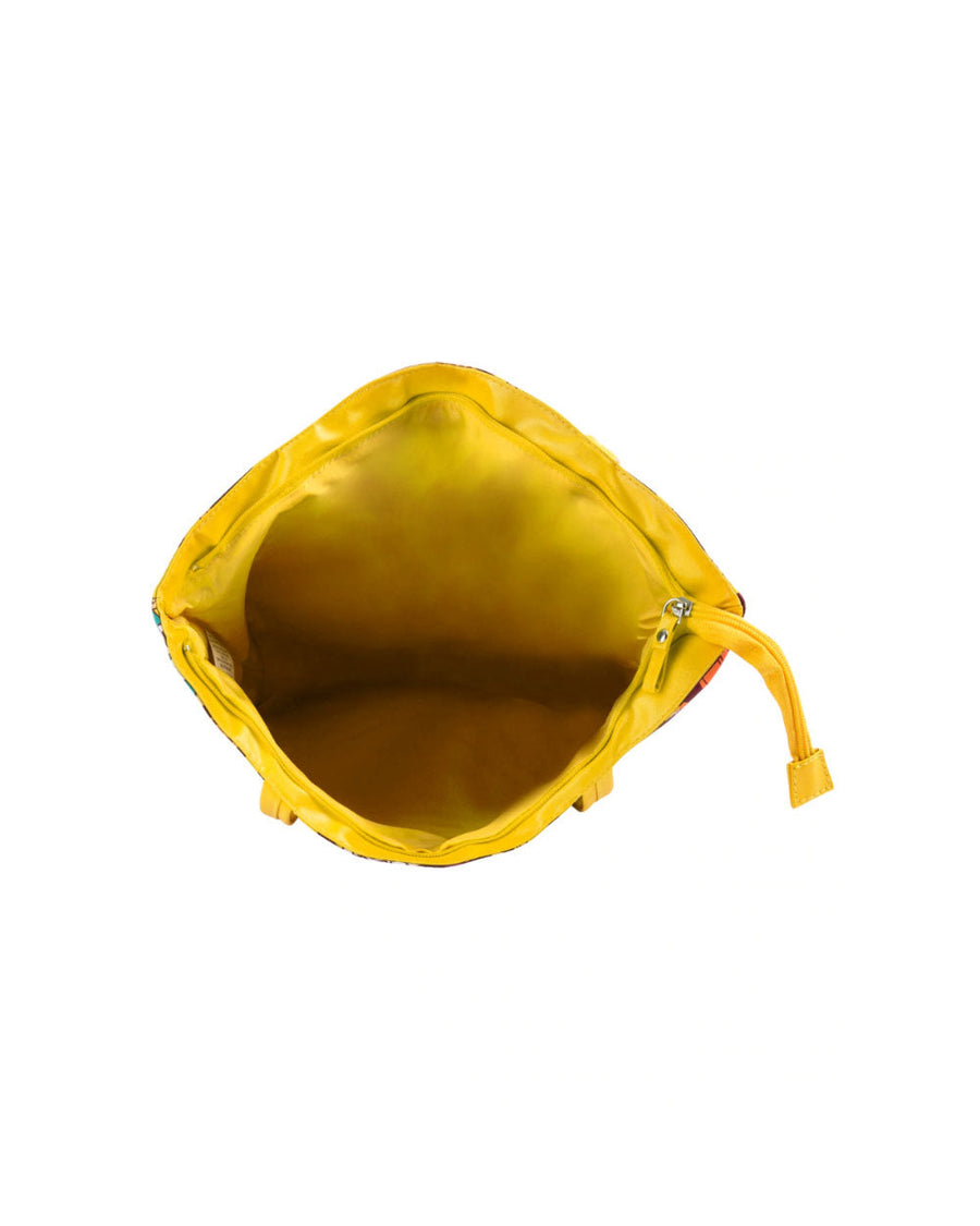 Top view inside tote bag showing spacious yellow fabric interior with zip closure