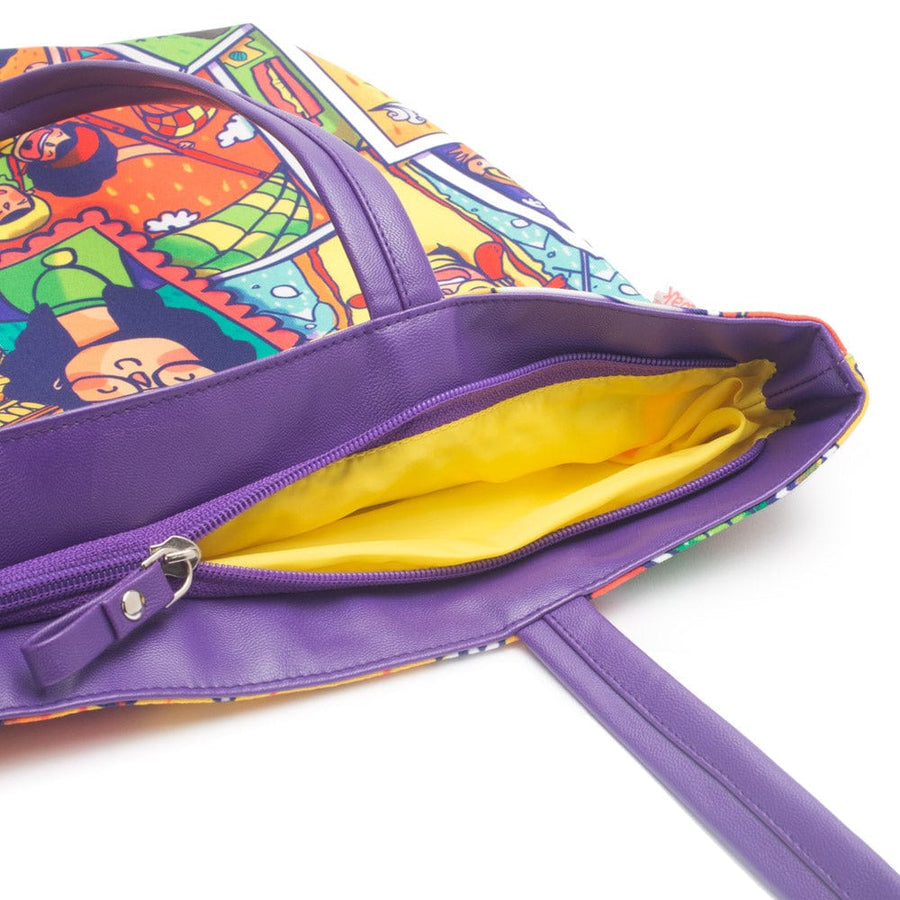 Close-up view inside the tote bag showing bright yellow lining and purple zip closure with pull tab