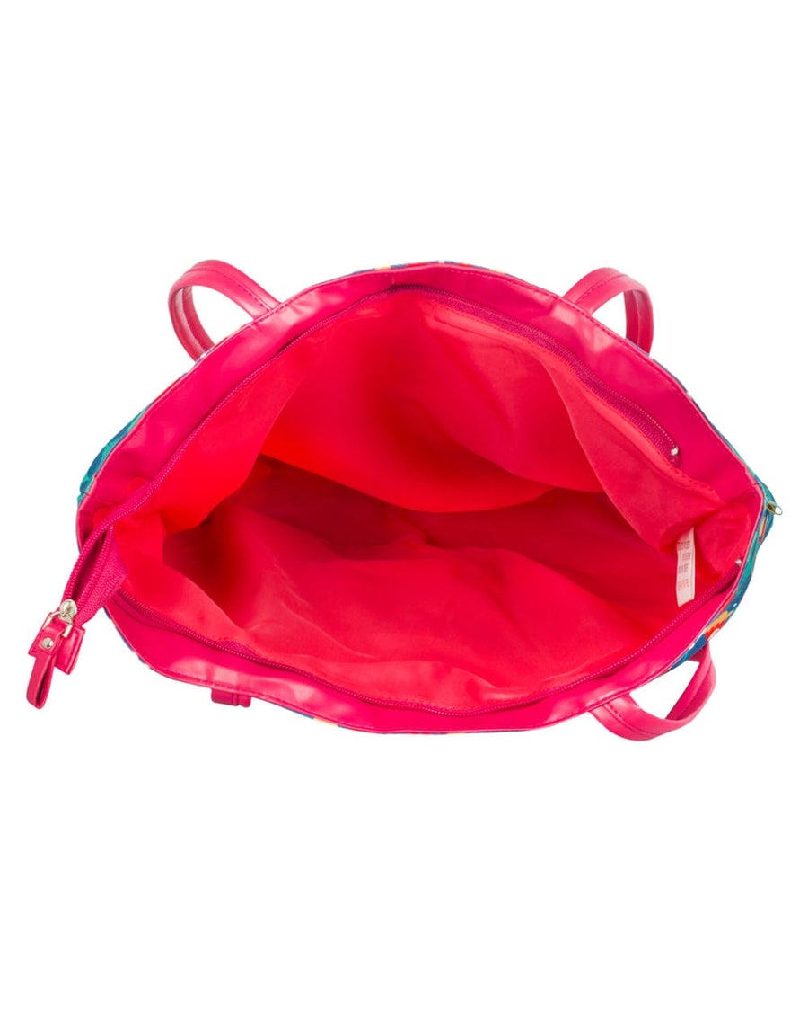Top-down view of the open tote bag showing bright pink interior lining and zippered closure