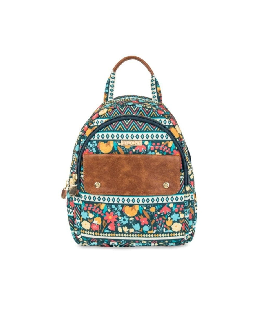 Mini backpack with colorful embroidered floral pattern, leather-look front pocket, and dual zipped compartments