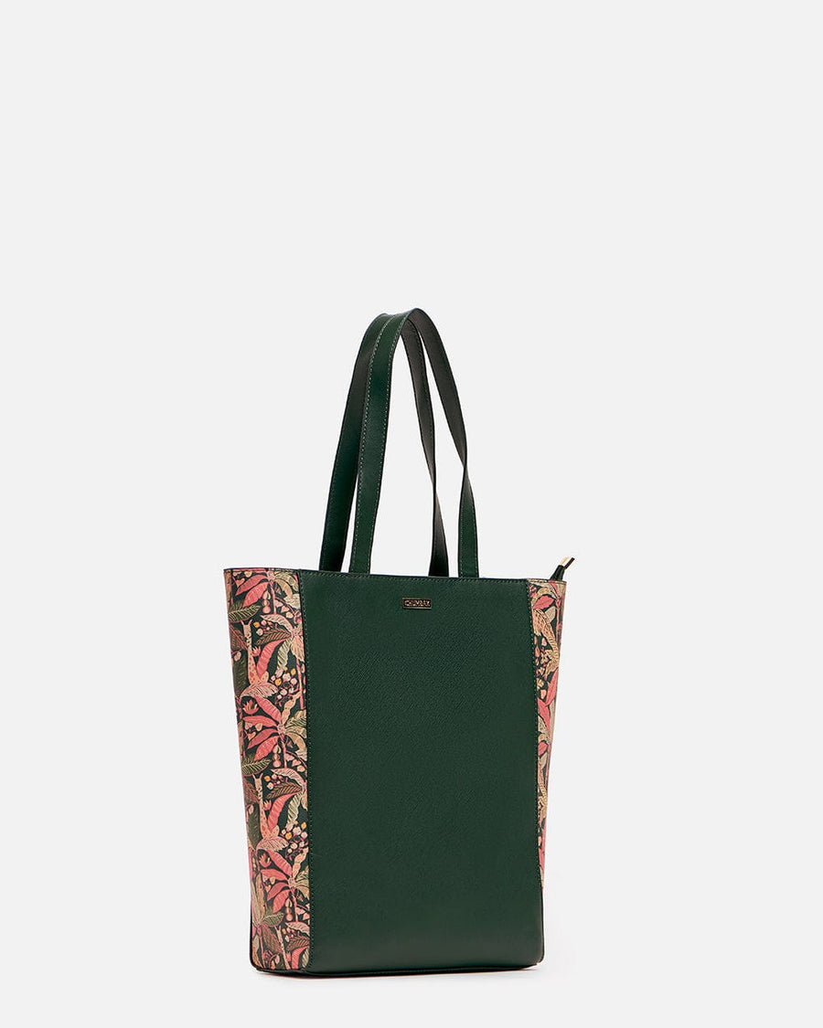 Side angle view of Palm Springs tote bag highlighting green base and floral side panels with zip closure