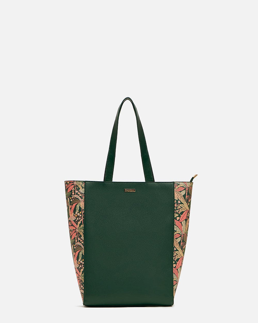 Front view of Palm Springs tote bag in deep green with floral printed side panels and double shoulder straps