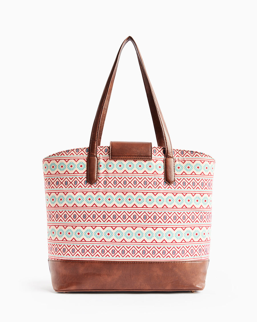 Back view of Aztec patterned tote bag highlighting clean design and leather base