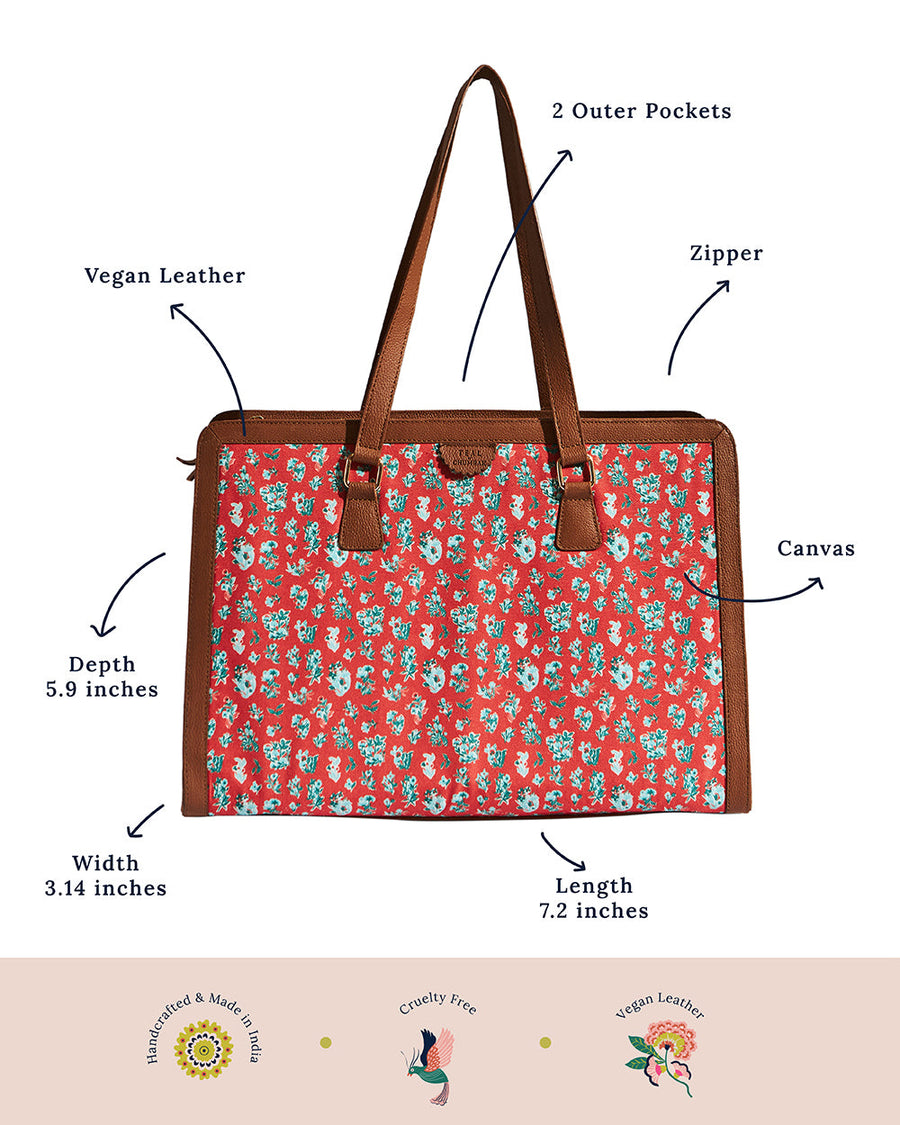 Diagram of tote bag highlighting vegan leather straps, canvas body, zipper closure, two outer pockets, and dimensions