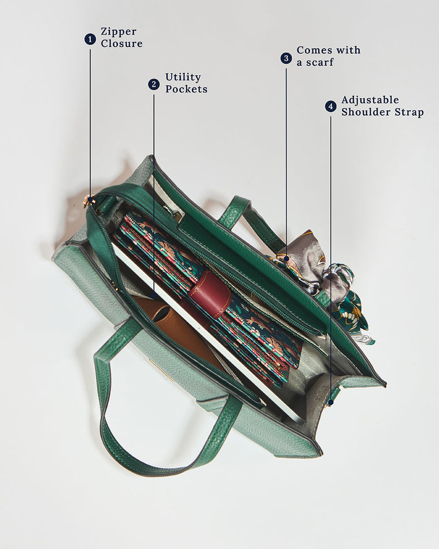 Top view of green mini tote open showing organized interior with zipper closure and utility pockets
