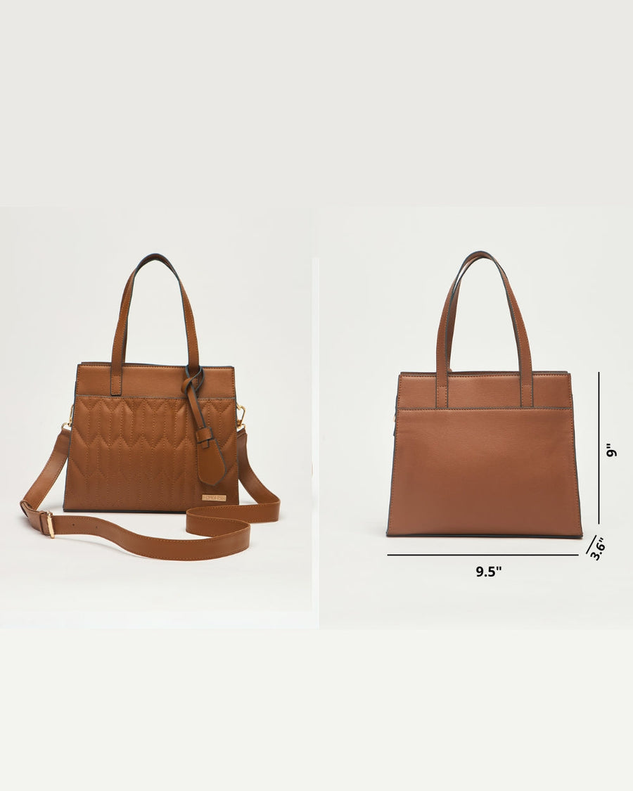 Front and back views of brown quilted vegan leather handbag with dimensions indicated