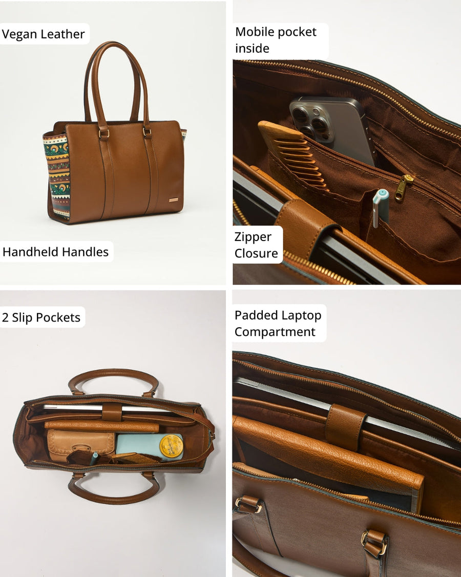 Collage highlighting bag features: vegan leather, handheld handles, mobile pocket, zipper closure, two slip pockets, padded laptop compartment