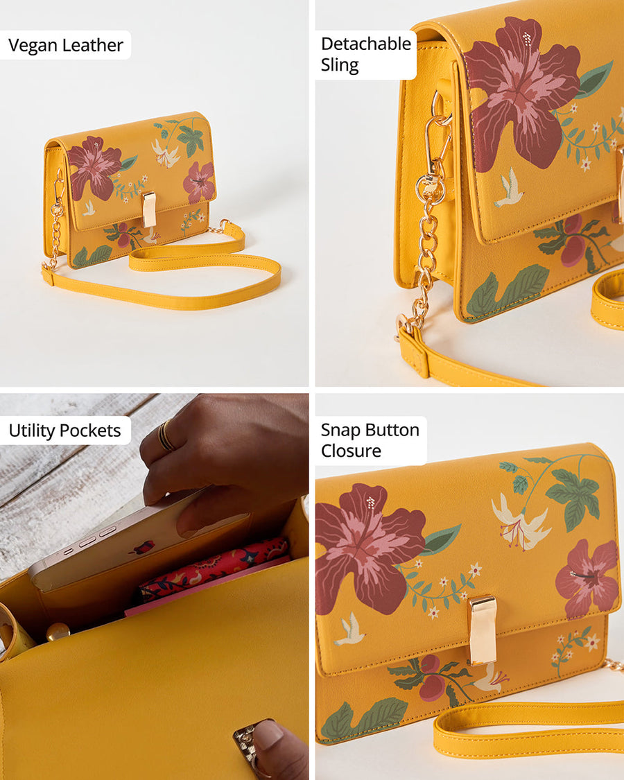 Four image collage showing vegan leather, detachable sling, utility pockets, and snap button closure of the floral shoulder bag