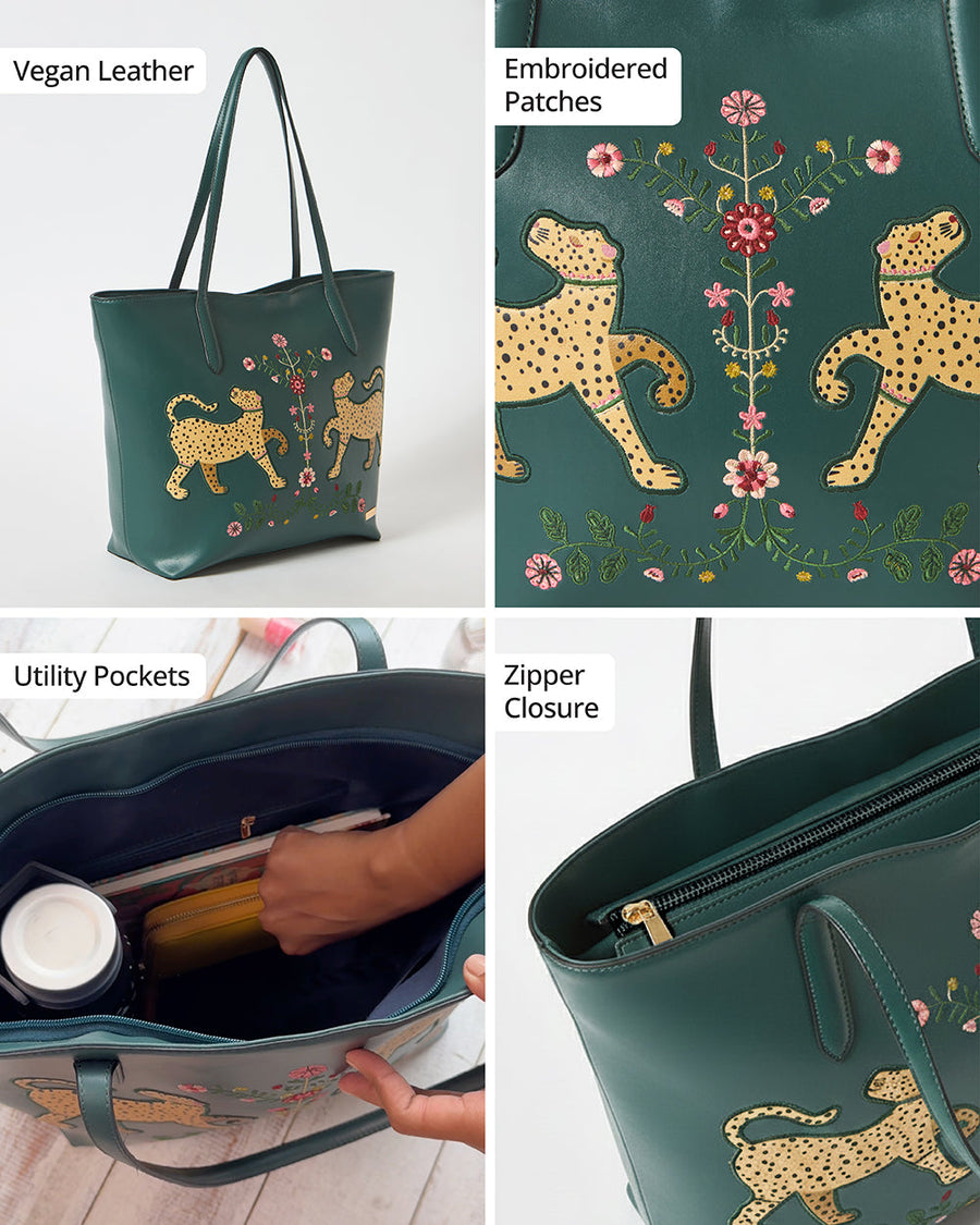 Collage showcasing vegan leather material, embroidered patches, utility pockets with essentials inside, and zipper closure details of the tote bag