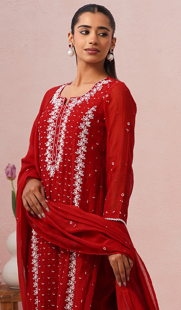 Saziya Women's Lakhnavi Handcrafted Mul Chanderi Chikankari Stitched Kurta, Dupatta And Pant Set