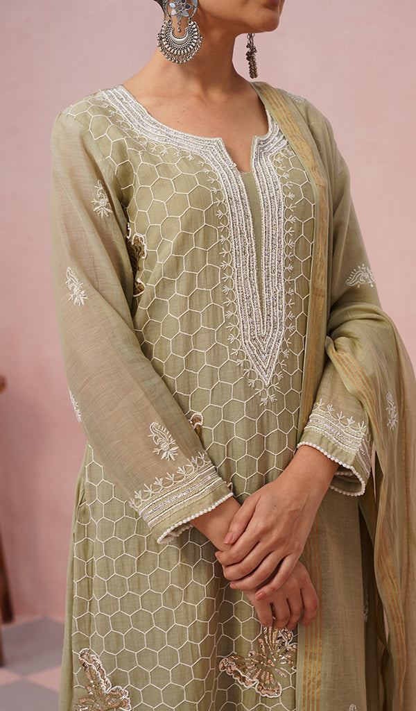 Women's Lakhnavi Handcrafted Mul Chanderi Chikankari Stitched Kurta, Dupatta And Pant Set - HONC0555586