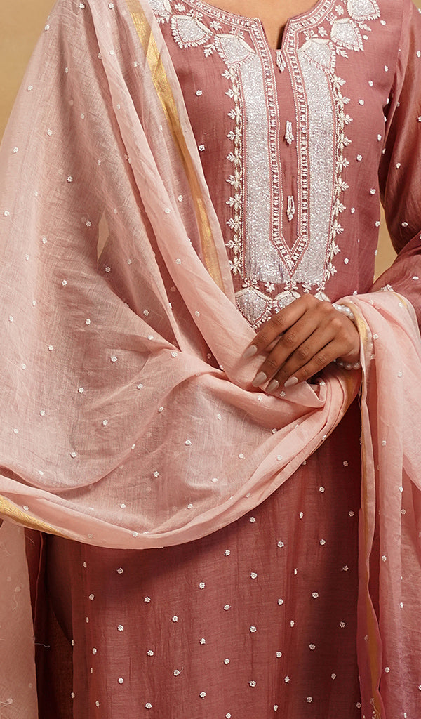 Jazba Women's Lakhnavi Handcrafted Mul Chanderi Chikankari Stitched Kurta, Dupatta And Pant Set