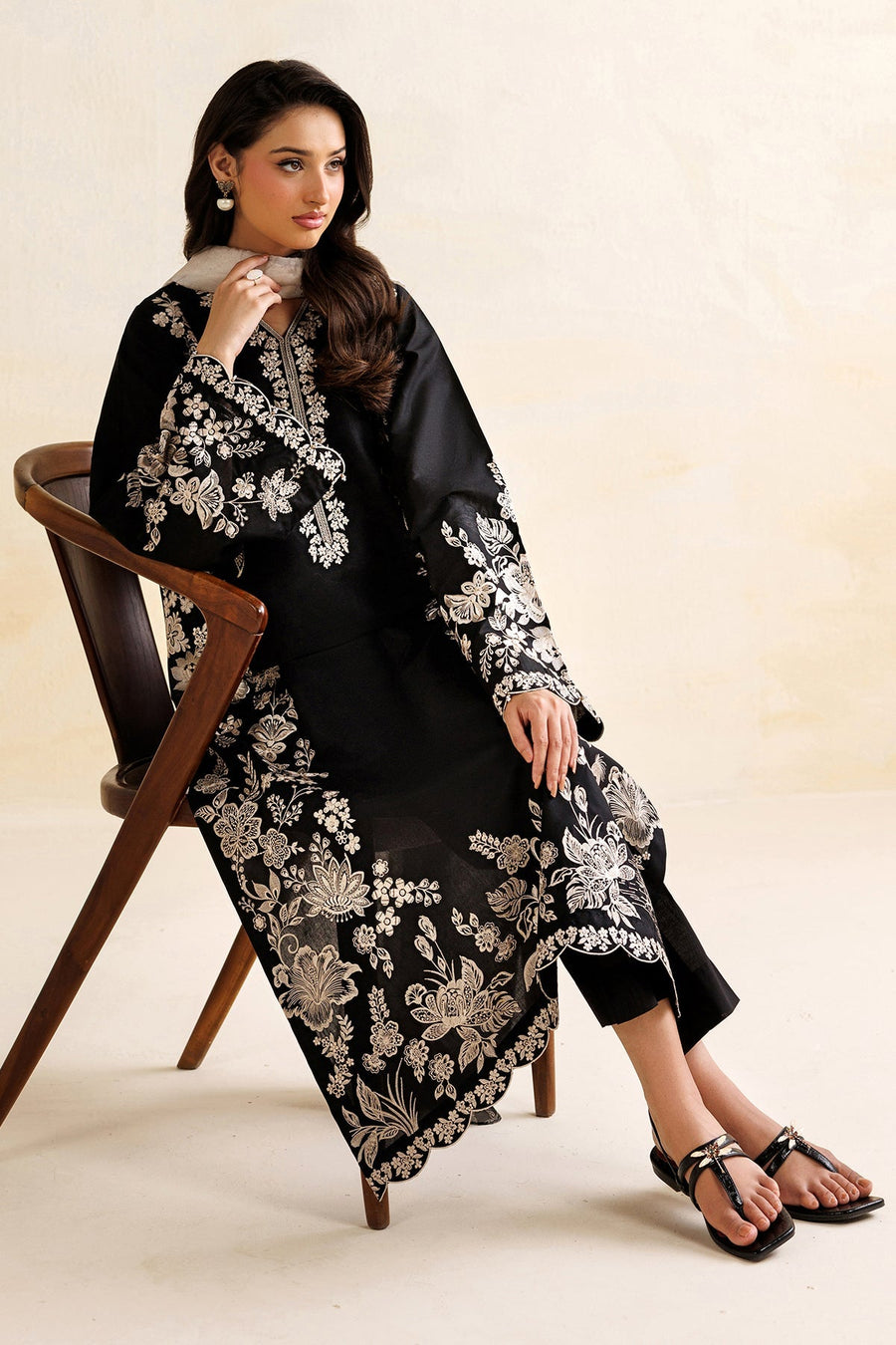 Black Embroidered Lawn Suit with Silk Dupatta