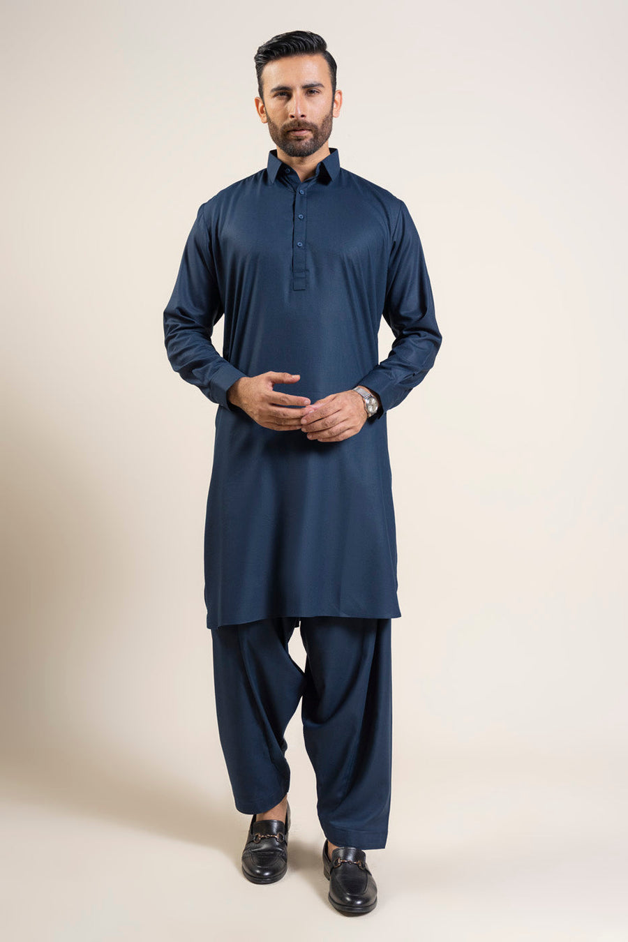 Midnight Navy Blended Cotton 2-Piece Kurta | Classic Collar
