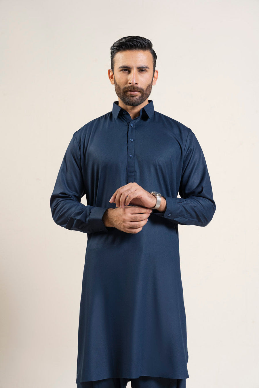 Midnight Navy Blended Cotton 2-Piece Kurta | Classic Collar