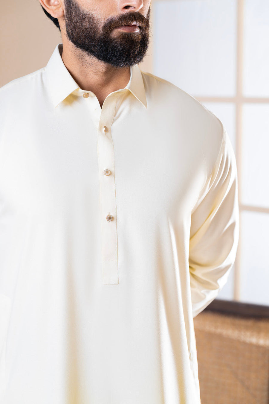 Ivory Crepe 2-Piece Kurta Set | Band Collar