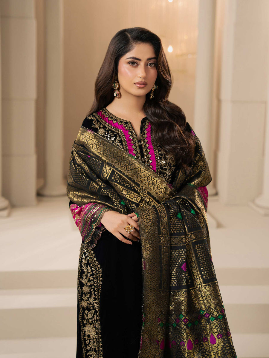 3 Piece Velvet Suit-Embroidered (Pret) - Pehnaawaa