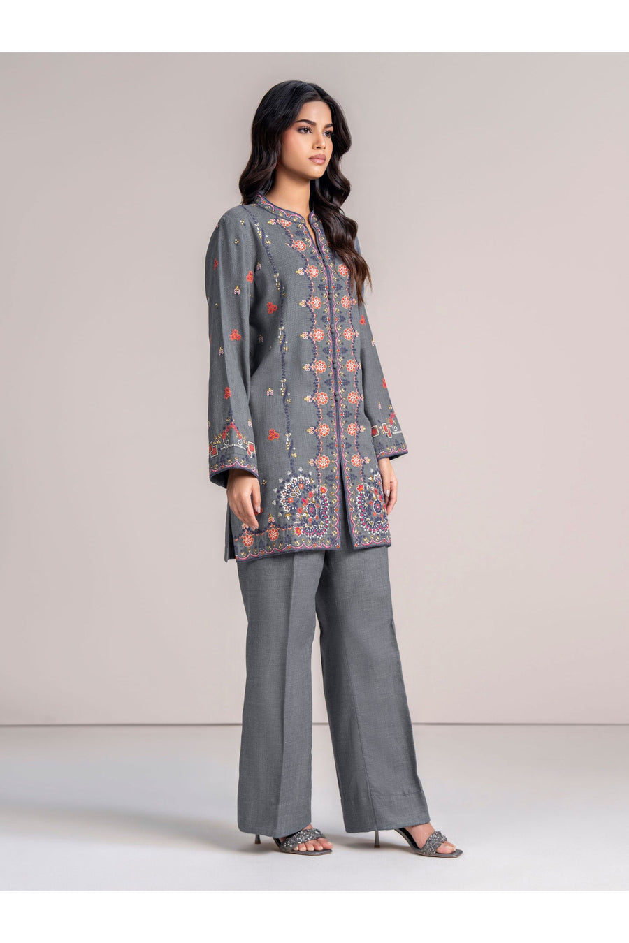 Slate Grey Linen 2-Piece Suit | Resham Embroidery